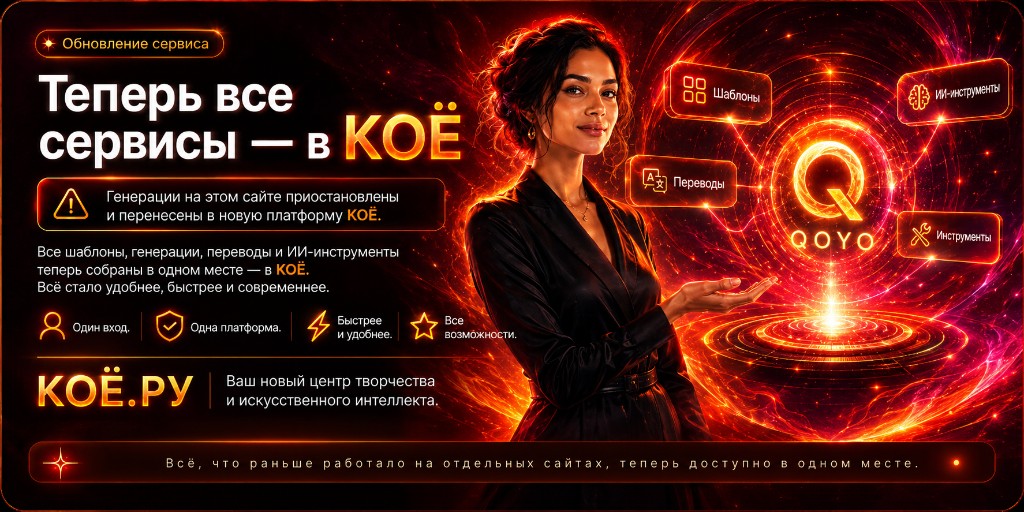 Теперь все сервисы — в КОЁ. Генерации, шаблоны, переводы и ИИ-инструменты на платформе QOYO.RU / КОЁ.РФ